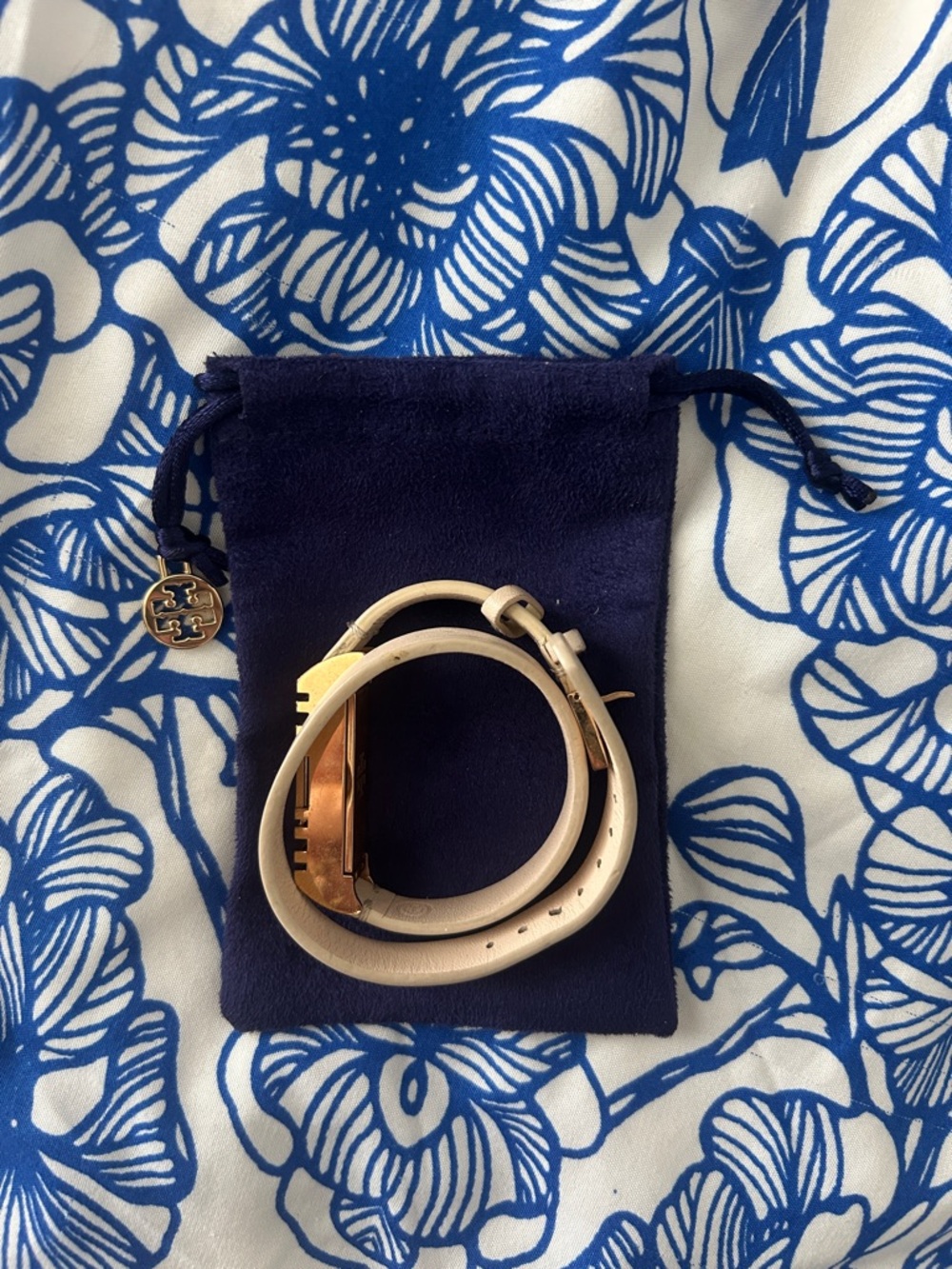 Tory Burch Gold-Tone Logo FitBit Double Wrap Bracelet in Cream Leather